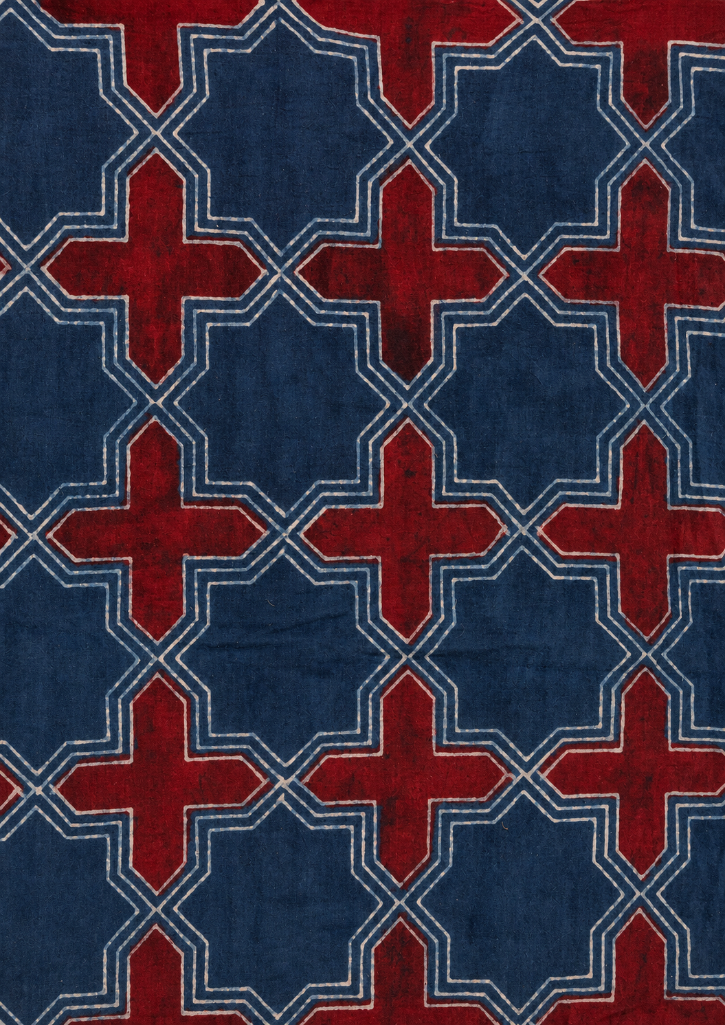 Blue and Maroon Geometric Jaal Cotton Fabric