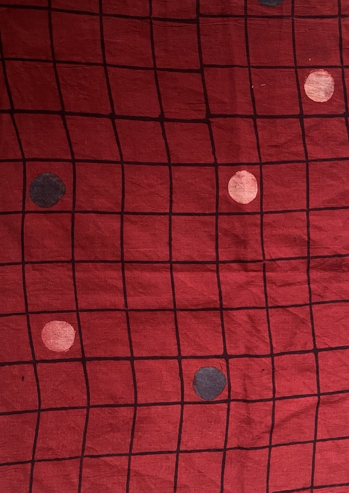 Red Grid with Blue and White Dots Cotton Fabric