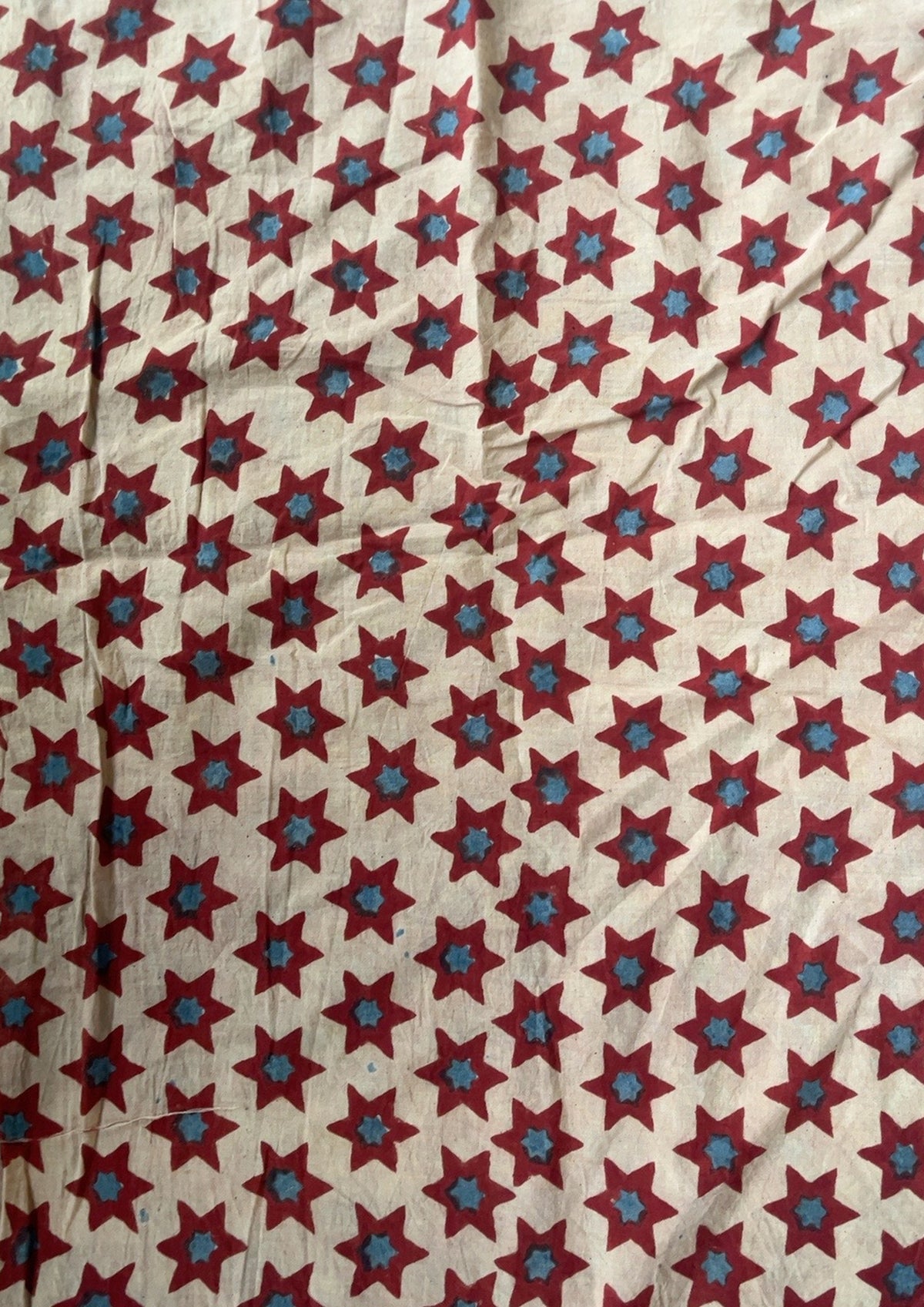 Cream with Red and Blue Star Motif Cotton Fabric