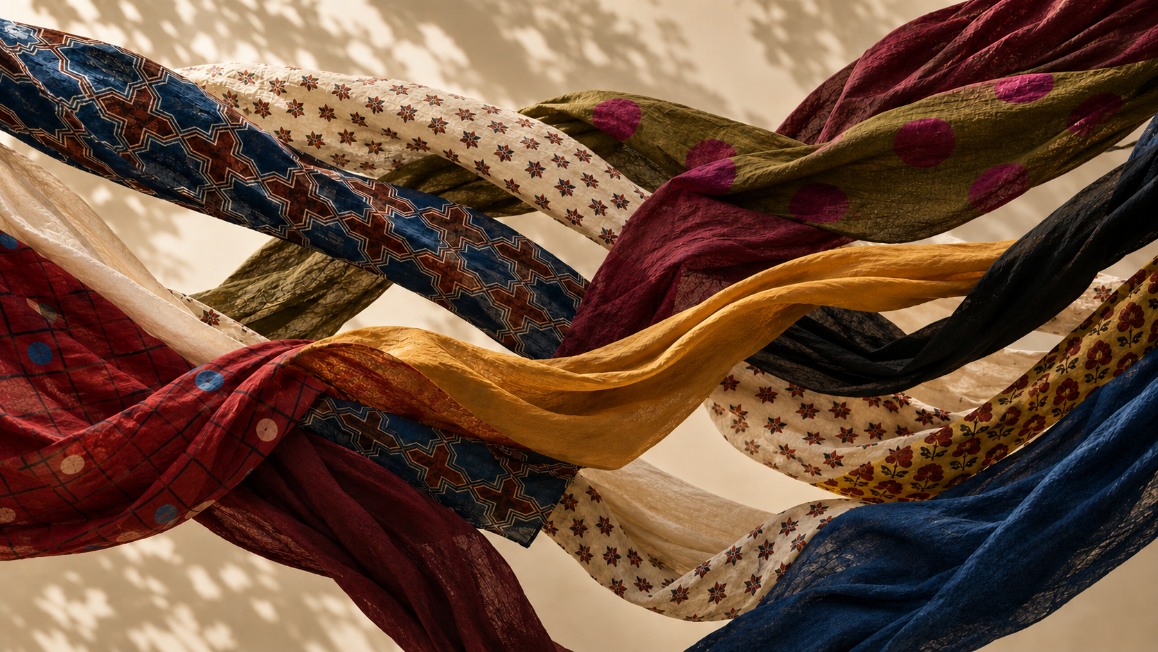 Flowing Ajrakh textiles in indigo, madder, mustard and ivory